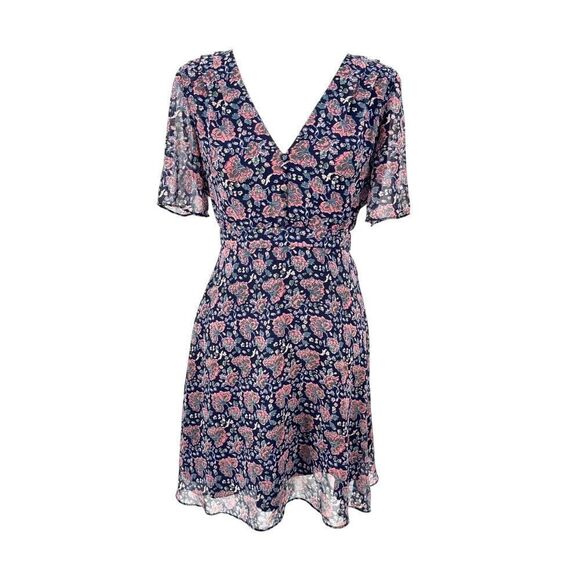 Madewell Floral Chiffon Dress Size 0 V-Neck A-Line Navy Pink Boho Romantic Lined - Picture 1 of 13